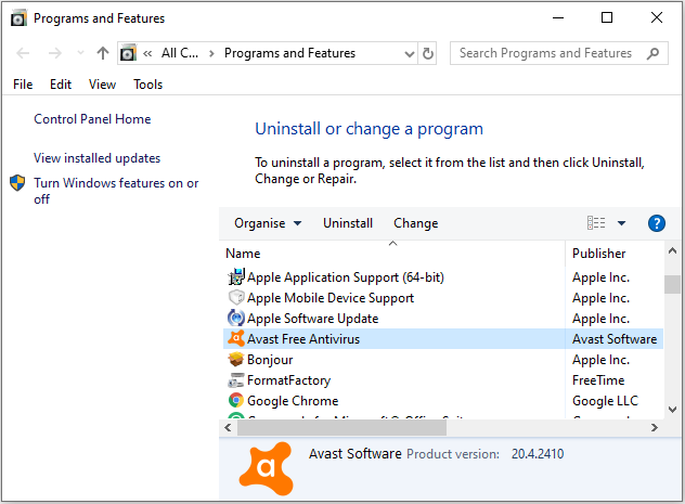 uninstall Avast