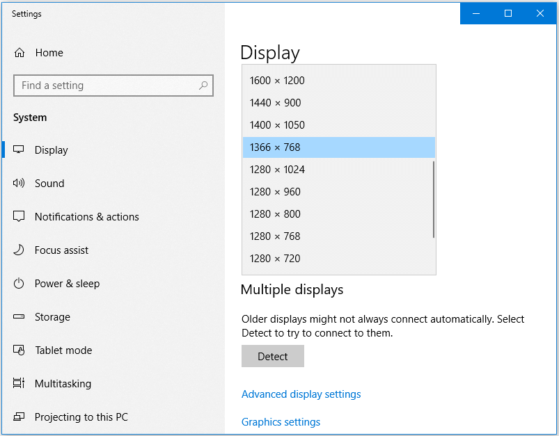 change resolution in Windows 10