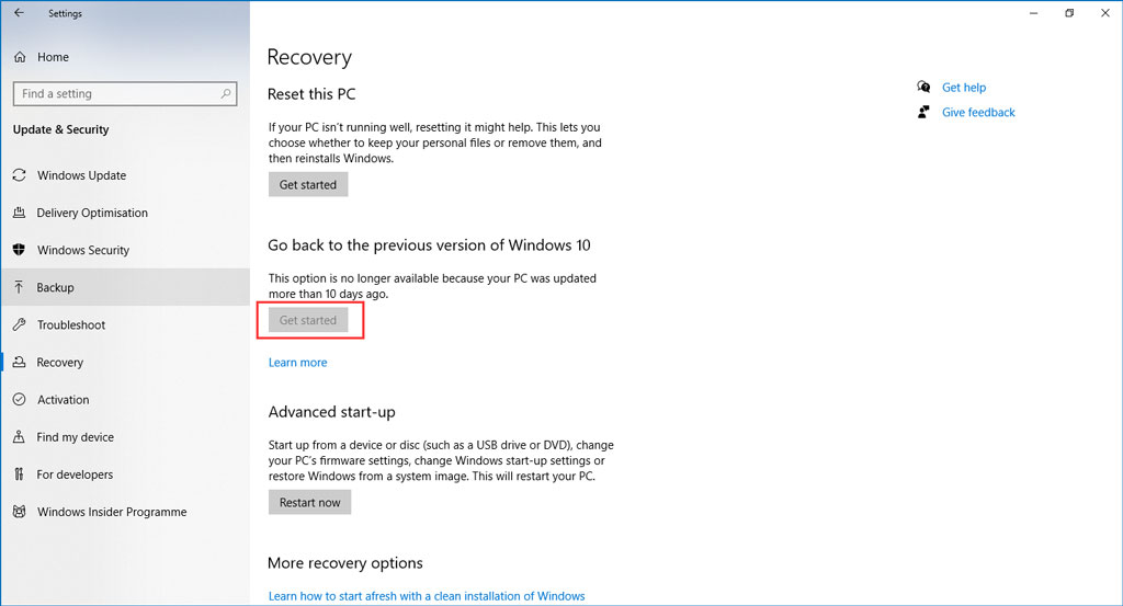 go back to the previous version of Windows 10 not available
