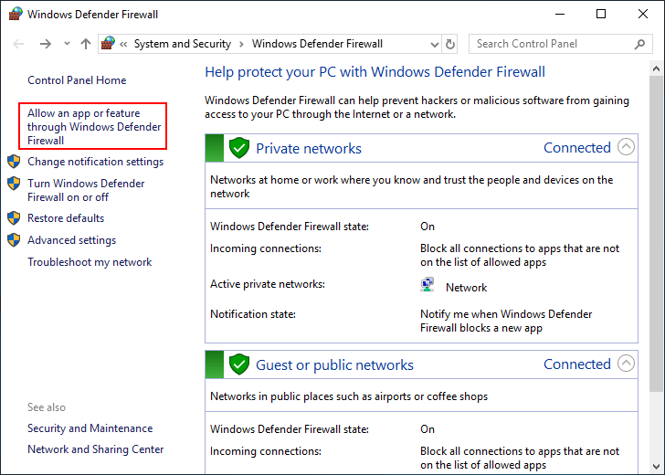 Allow an app or feature through Windows Defender Firewall