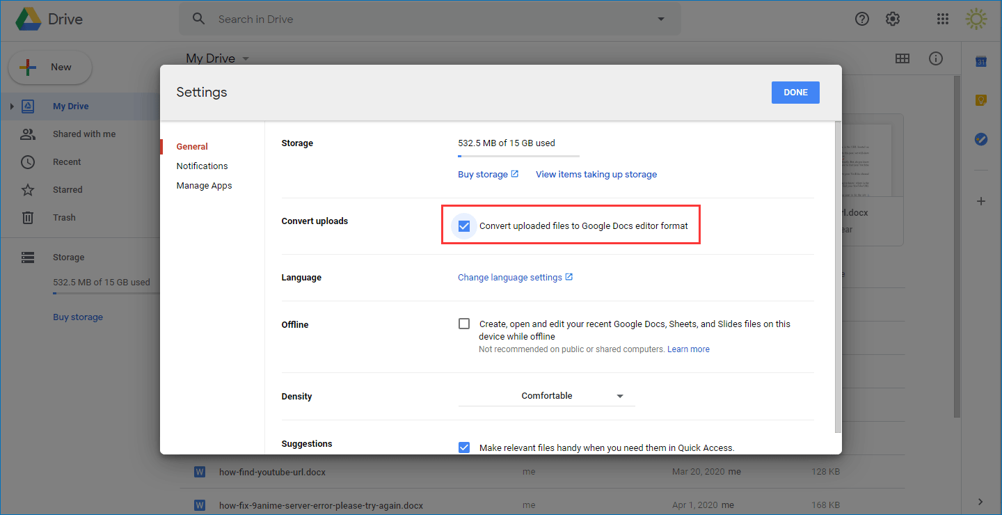 Check the Convert uploaded files to Google Drive editor format option