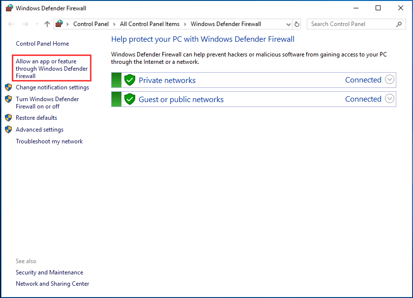 allow an app or feature through Windows Defender Firewall