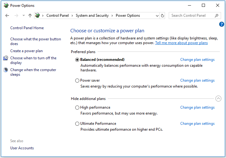 access power plan settings screen