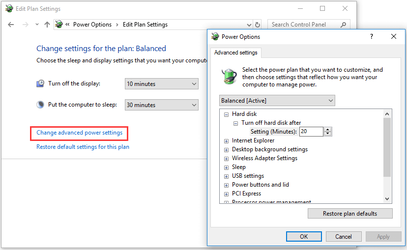edit power plan settings in Windows 10