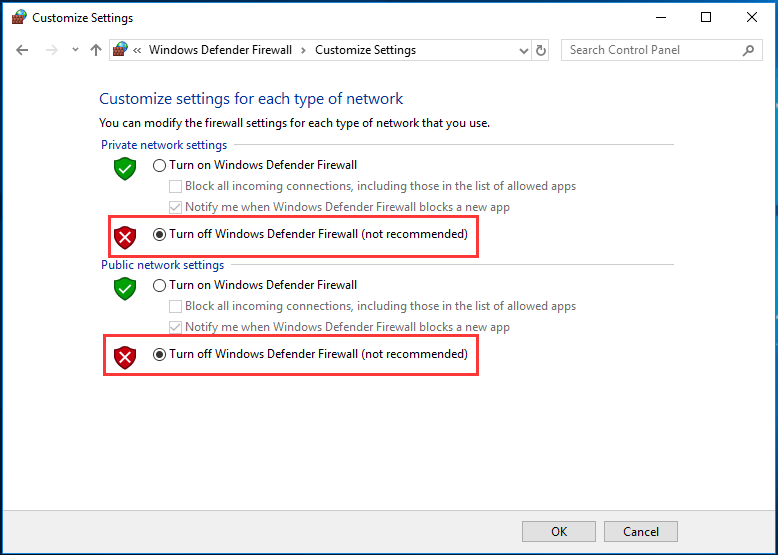 check turn off Windows Defender Firewall