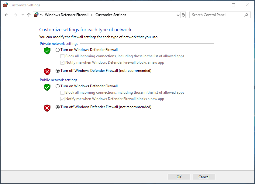 turn off Windows Defender Firewall
