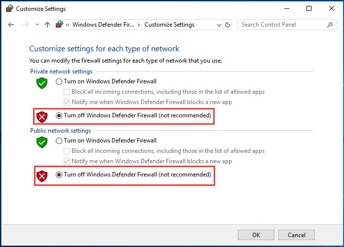 turn off Windows Defender Firewall