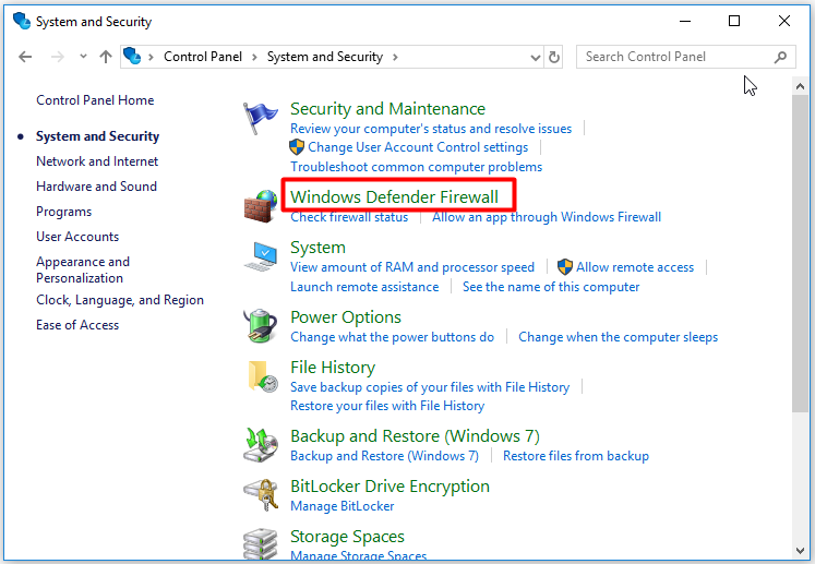 click Windows defender firewall