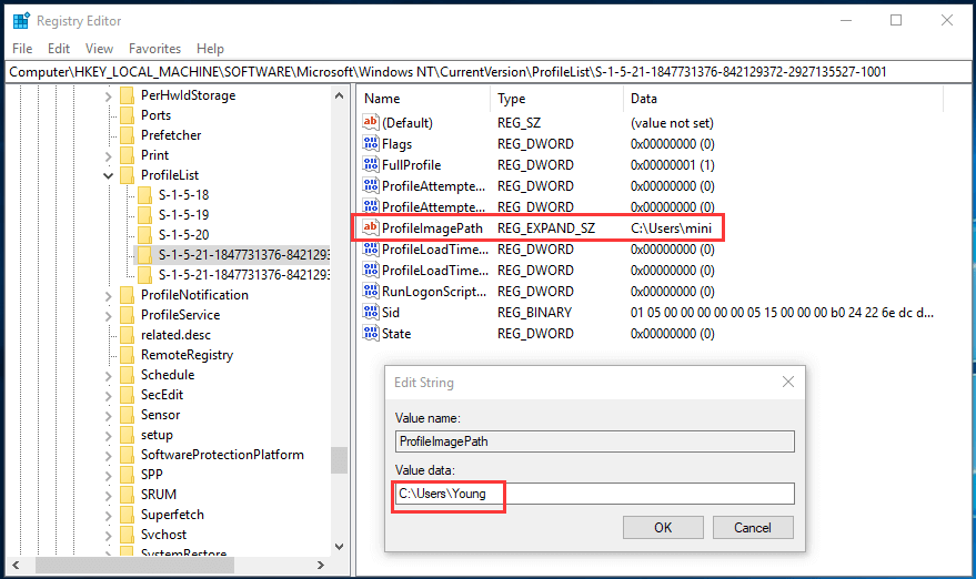 how to change user folder name Windows 10