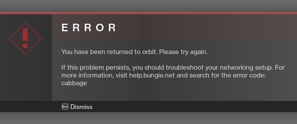 Destiny 2 error code Cabbage