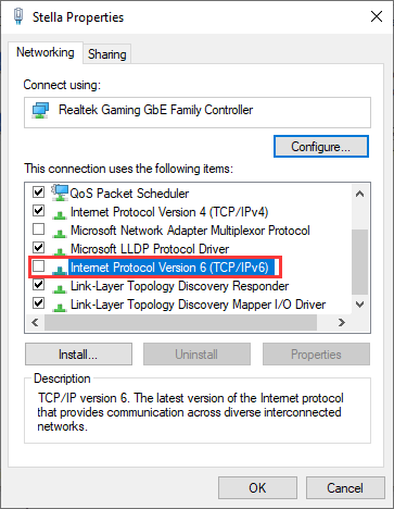 uncheck Internet Protocol Version 6 (TCP/IPv6)