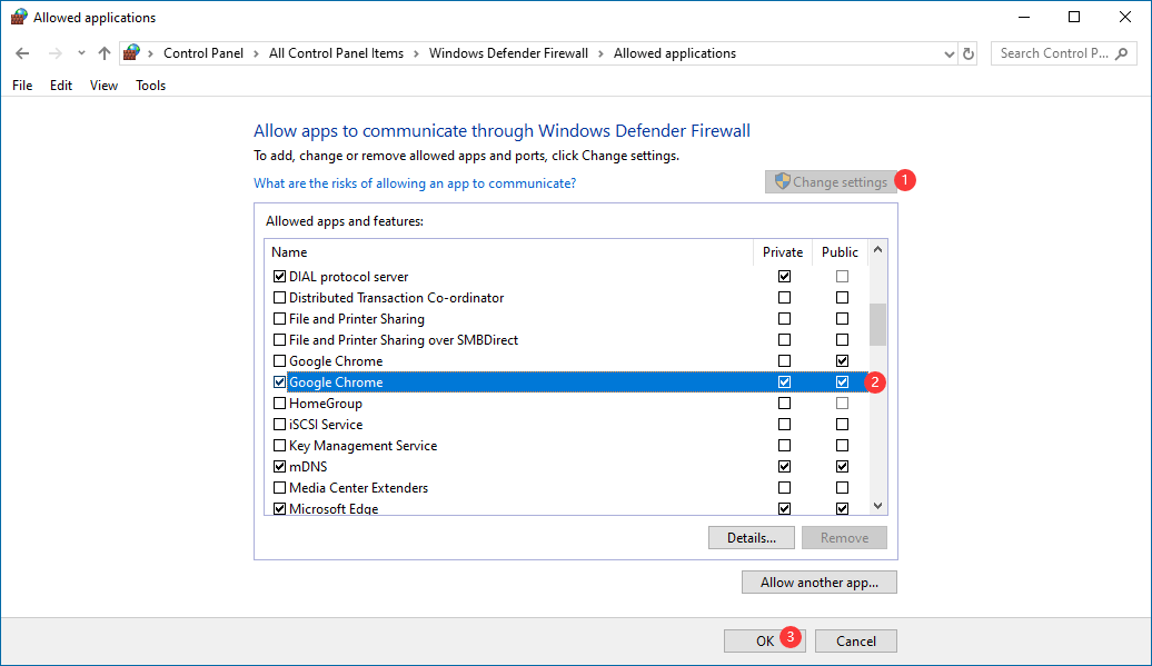 allow apps and feature in Windows Defender Firewall