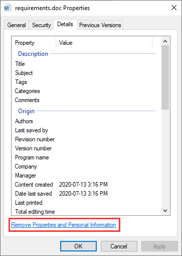 click Remove Properties and Personal Information