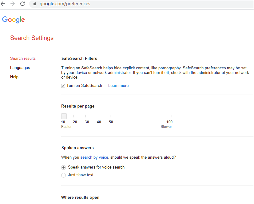 change Google search settings