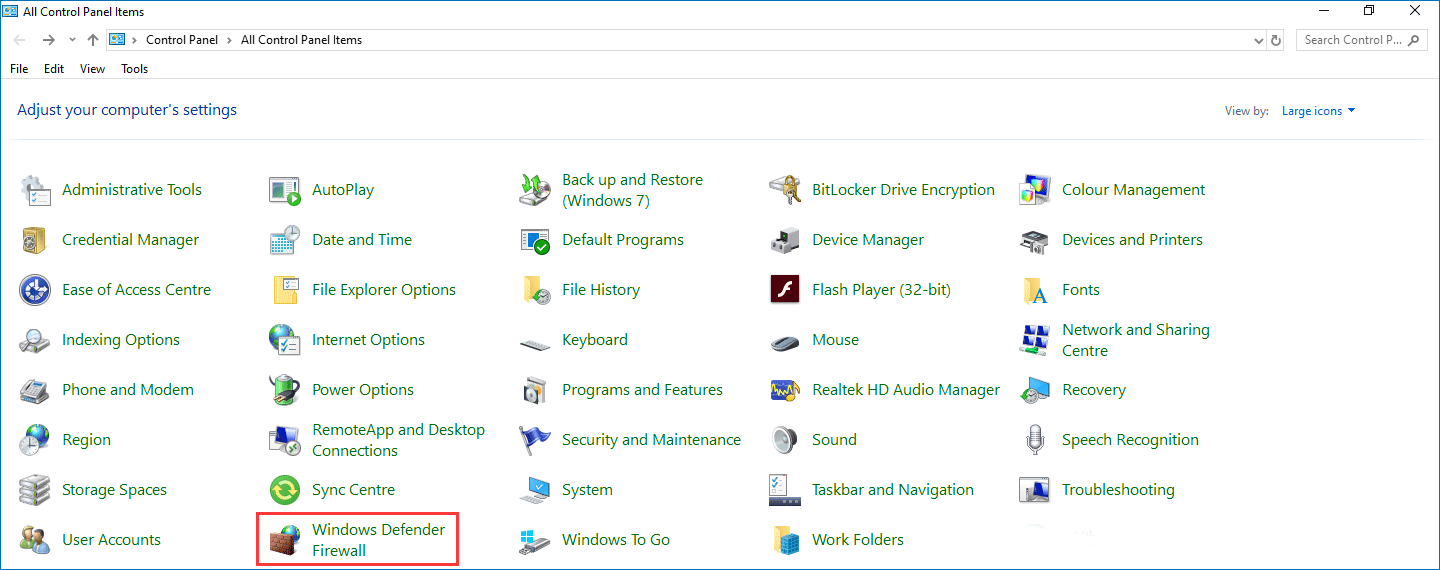 click Windows Defender Firewall