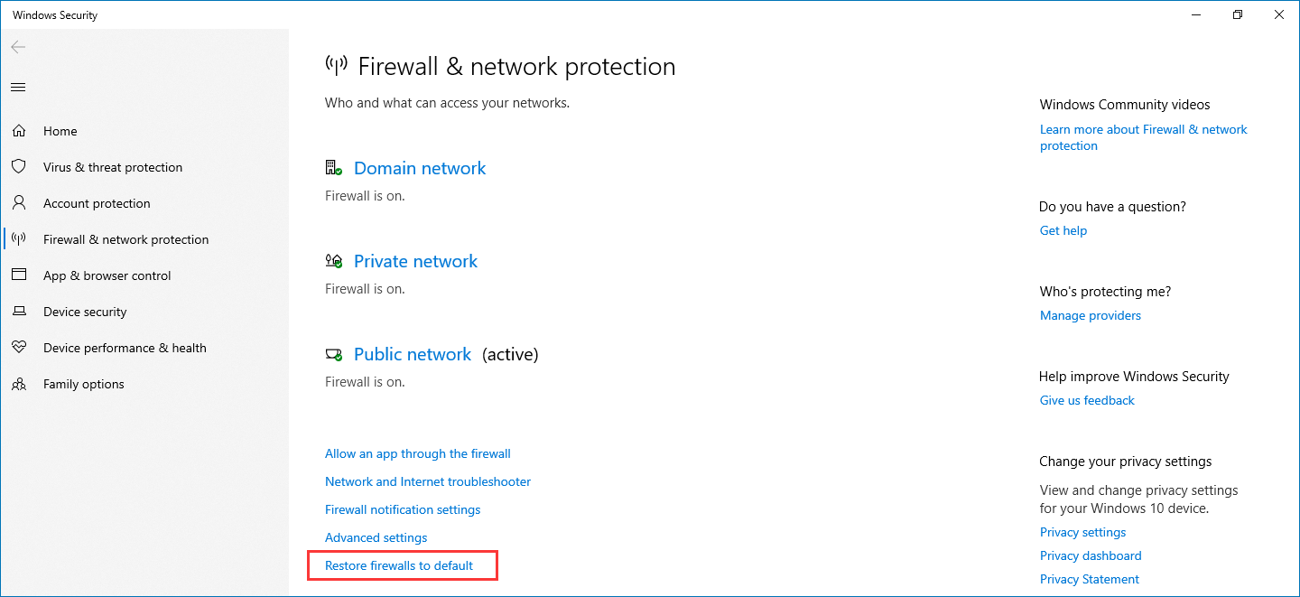 click Restore firewalls to default