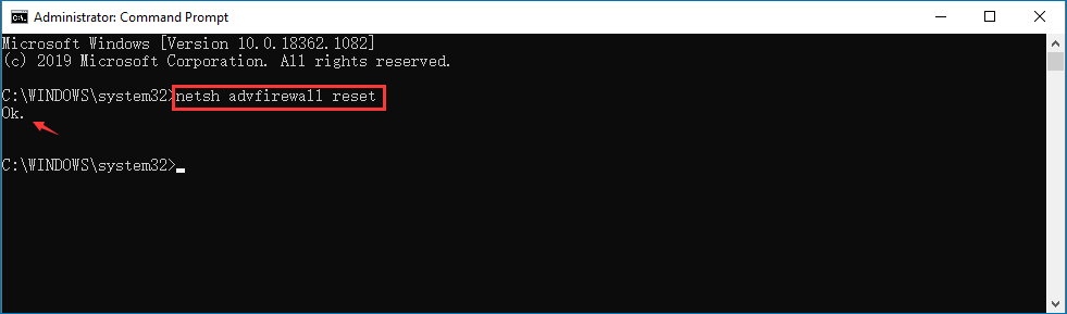 run command in Command Prompt to reset Windows Firewall