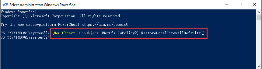 run command in PowerShell to reset Windows Firewall