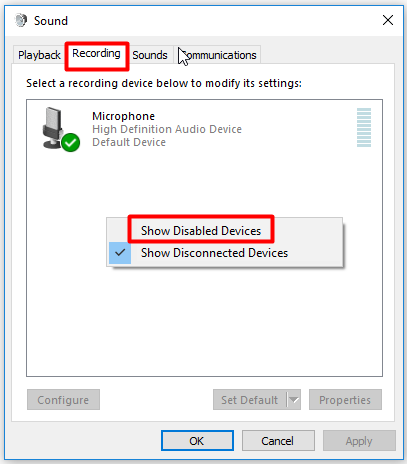 click Show Disabled Devices option