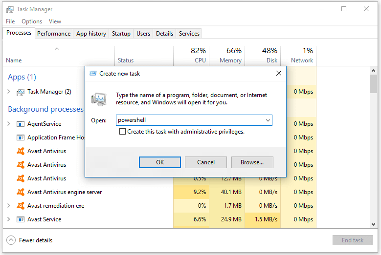 open PowerShell application with Task Manager