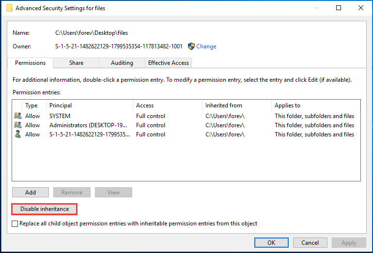 choose Disable inheritance