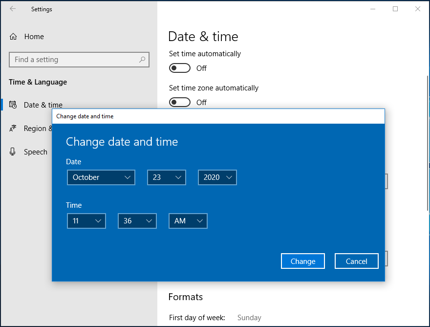 change date and time in Windows 10