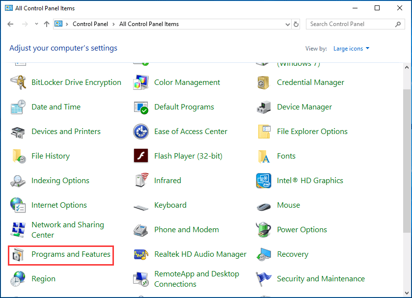 programs and features in Control Panel
