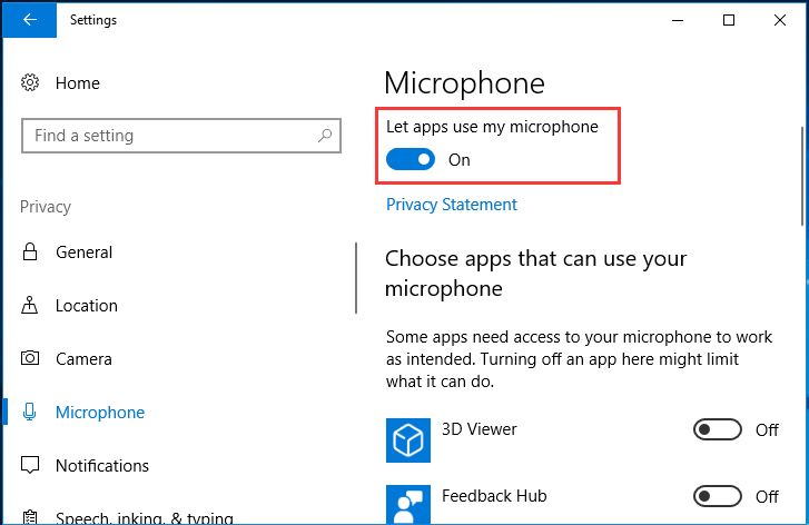 turn on the option Let apps use my Microphone