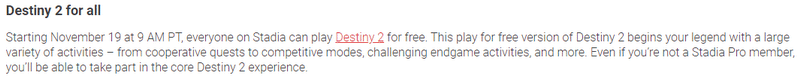Destiny 2 Stadia is free