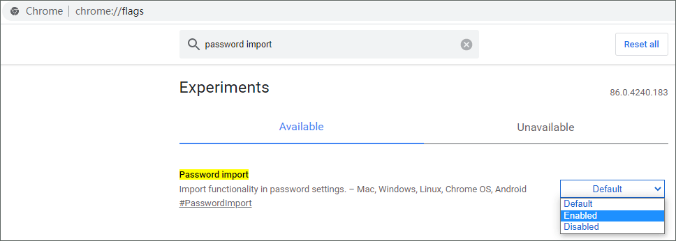 enable Chrome password import flag