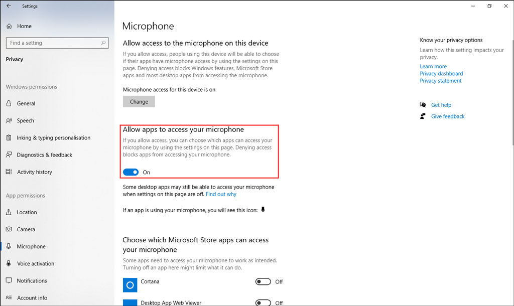turn on Allow apps to access your microphone