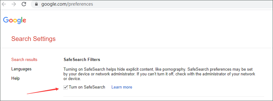 turn off safe search in Google