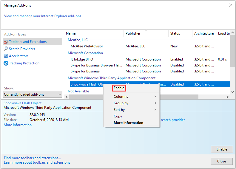 enable extensions on Internet Explorer