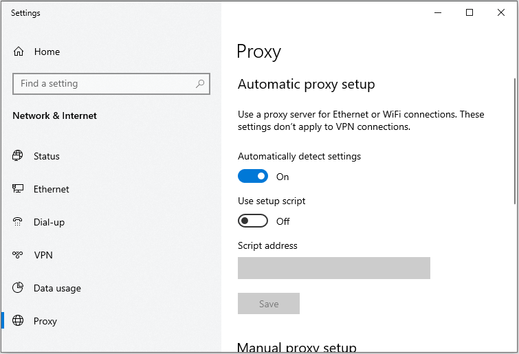 turn off the Automatically detect settings option