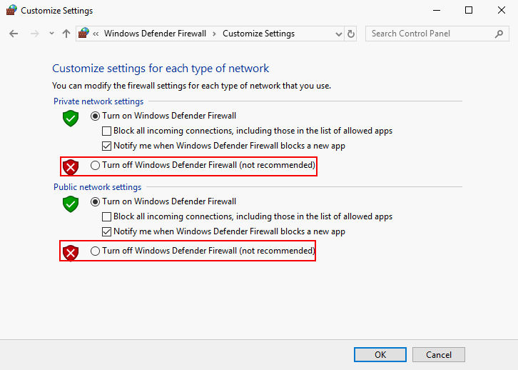 Turn off Windows Defender Firewall