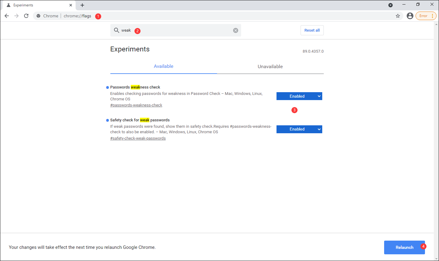 enable passwords weakness check on Chrome