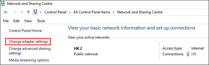 click Change adapter settings