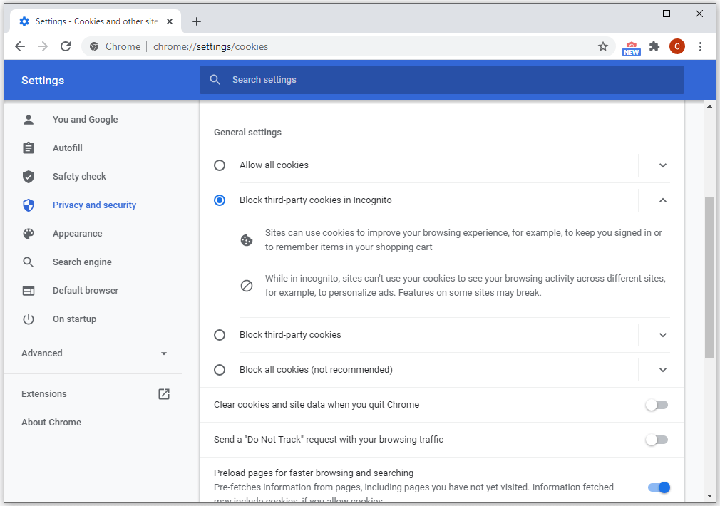 turn on or off Chrome cookies