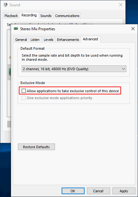 Disable exclusive control