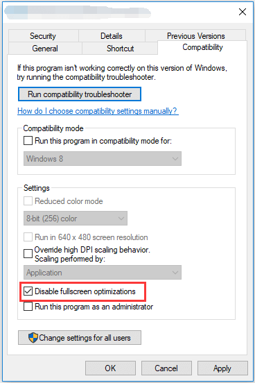 check disable fullscreen optimizations