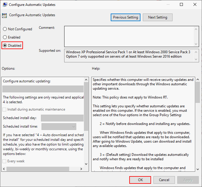Configure Automatic Updates to Disabled