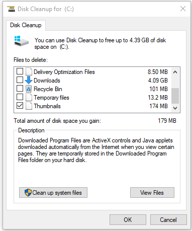 delete temporary files in Windows 10 via Disk Cleanup
