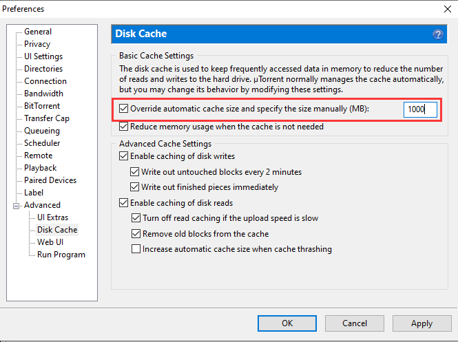 Enable Override Automatic Cache Size and Specify the Size Manually
