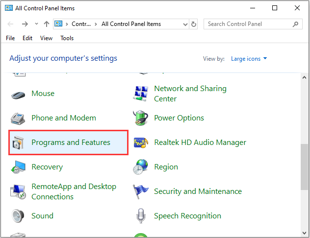 click Programs and Features