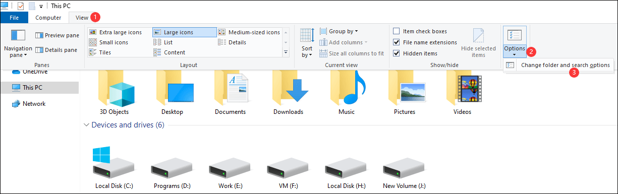 go to Change folder and search options