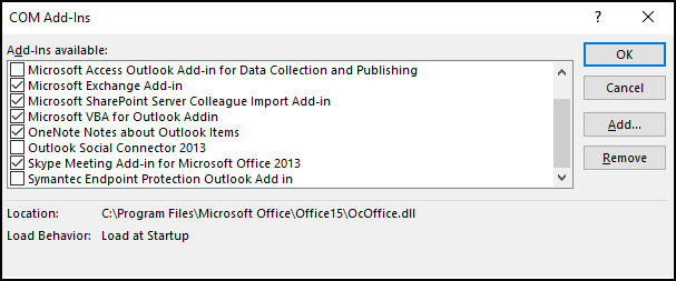 uncheck all Outlook add-ins