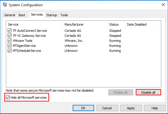 click Hide all Microsoft services and choose Disable all