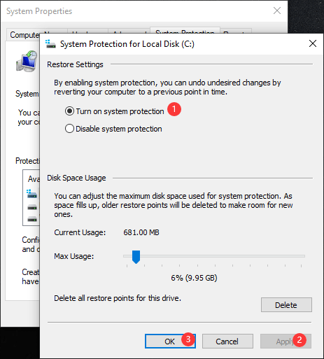 configure C drive for system protection