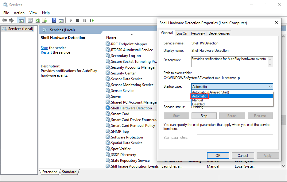 select Automatic for Startup type