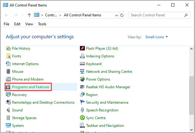 click Programs and Features